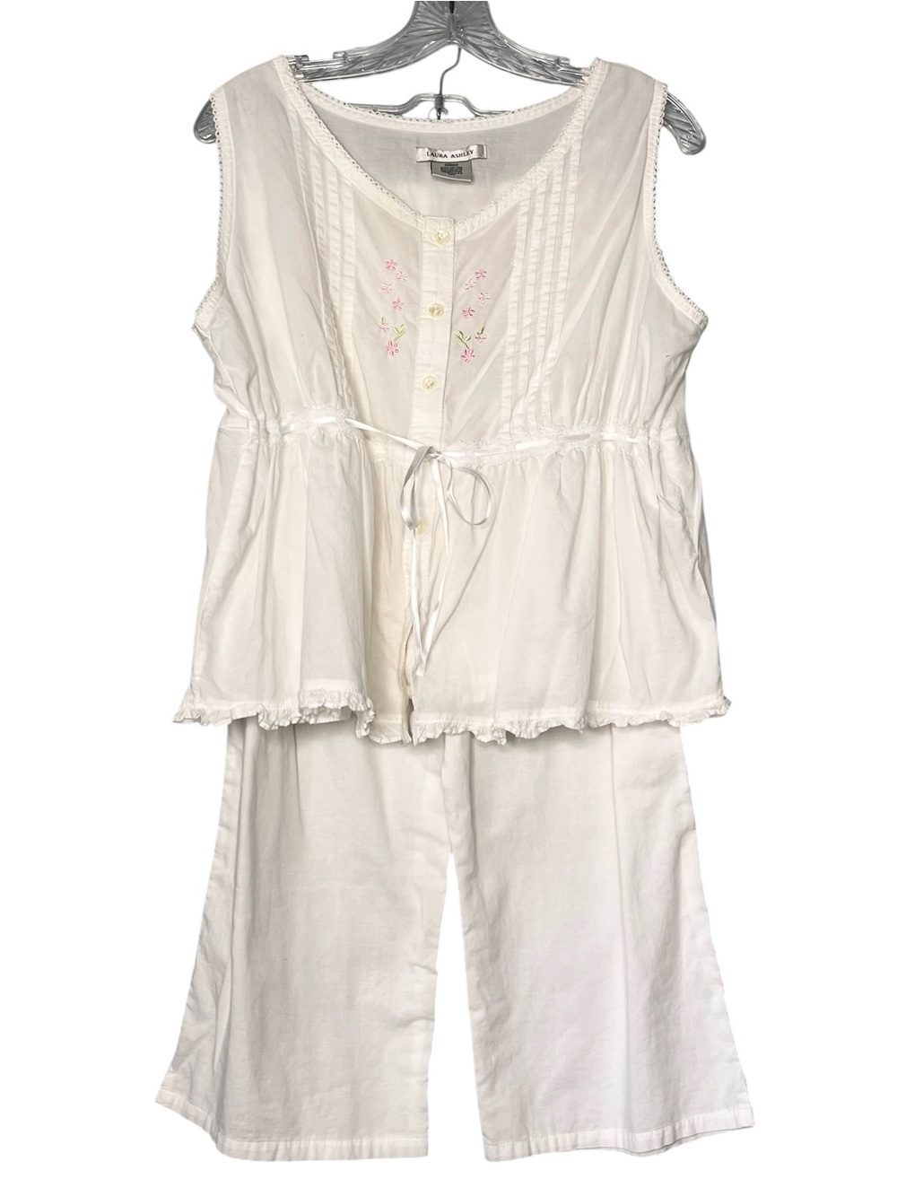 Laura Ashley Vintage White Floral Embroidered Sleeveless Cotton 2Pc Pajama Set M
